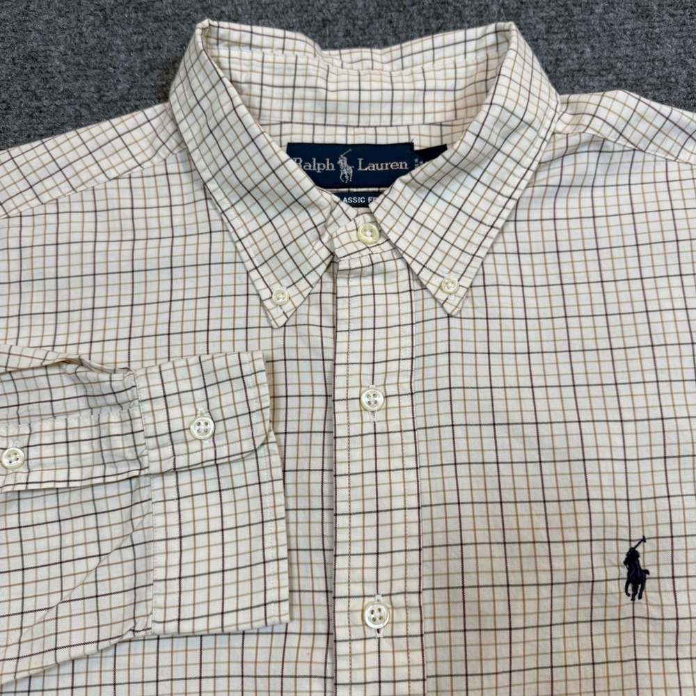 Ralph Lauren Classic Fit Shirt Mens XL Tan Brown Tattersall Plaid Button Down